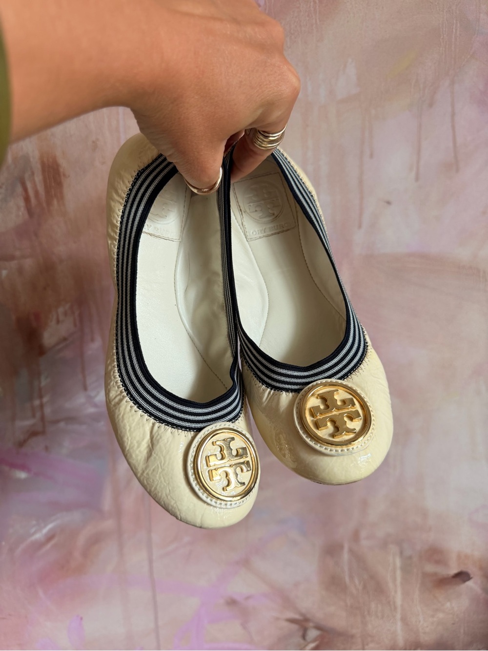 Tory Burch Cream Leather Logo Ballet Flats